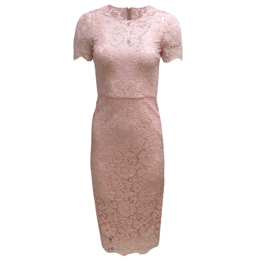 Valentino Light Pink Guipure Lace Short Sleeved Fitted Midi Formal Dress