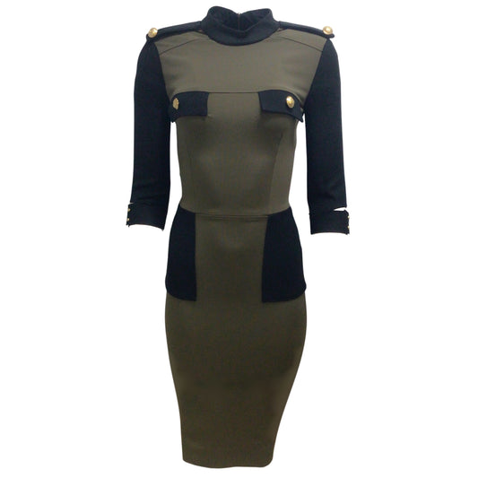 Victoria Beckham Olive Green / Black 2012 Fitted Bodycon Military Style Midi Cocktail Dress