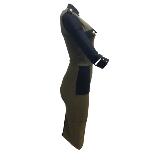 Victoria Beckham Olive Green / Black 2012 Fitted Bodycon Military Style Midi Cocktail Dress