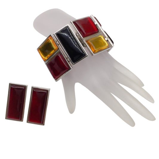 Saint Laurent Red / Yellow / Black / Silver Vintage 80's Mondrian Style Bracelet and Earrings Two-piece Set