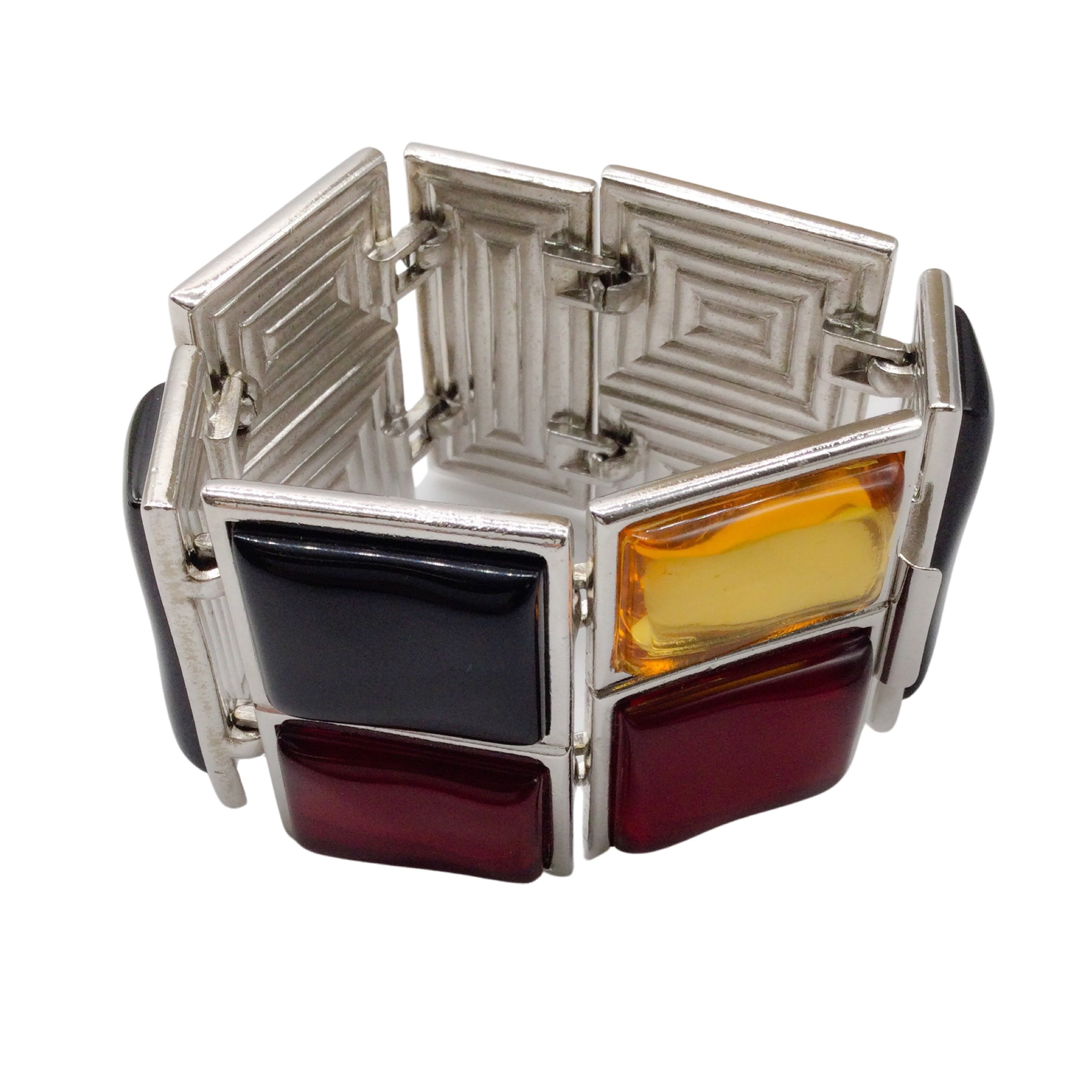 Saint Laurent Red / Yellow / Black / Silver Vintage 80's Mondrian Style Bracelet and Earrings Two-piece Set