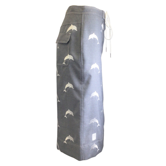 Thom Browne Grey / White Dolphin Embroidered Wool Board Skirt