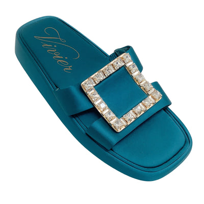 Roger Vivier Teal Satin With Strass Buckle Sandals