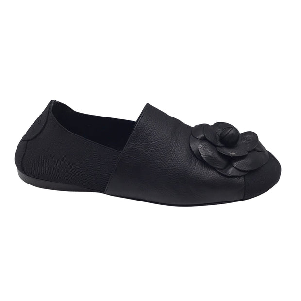 Chanel Black Camellia Leather and Grosgrain Loafers / Flats