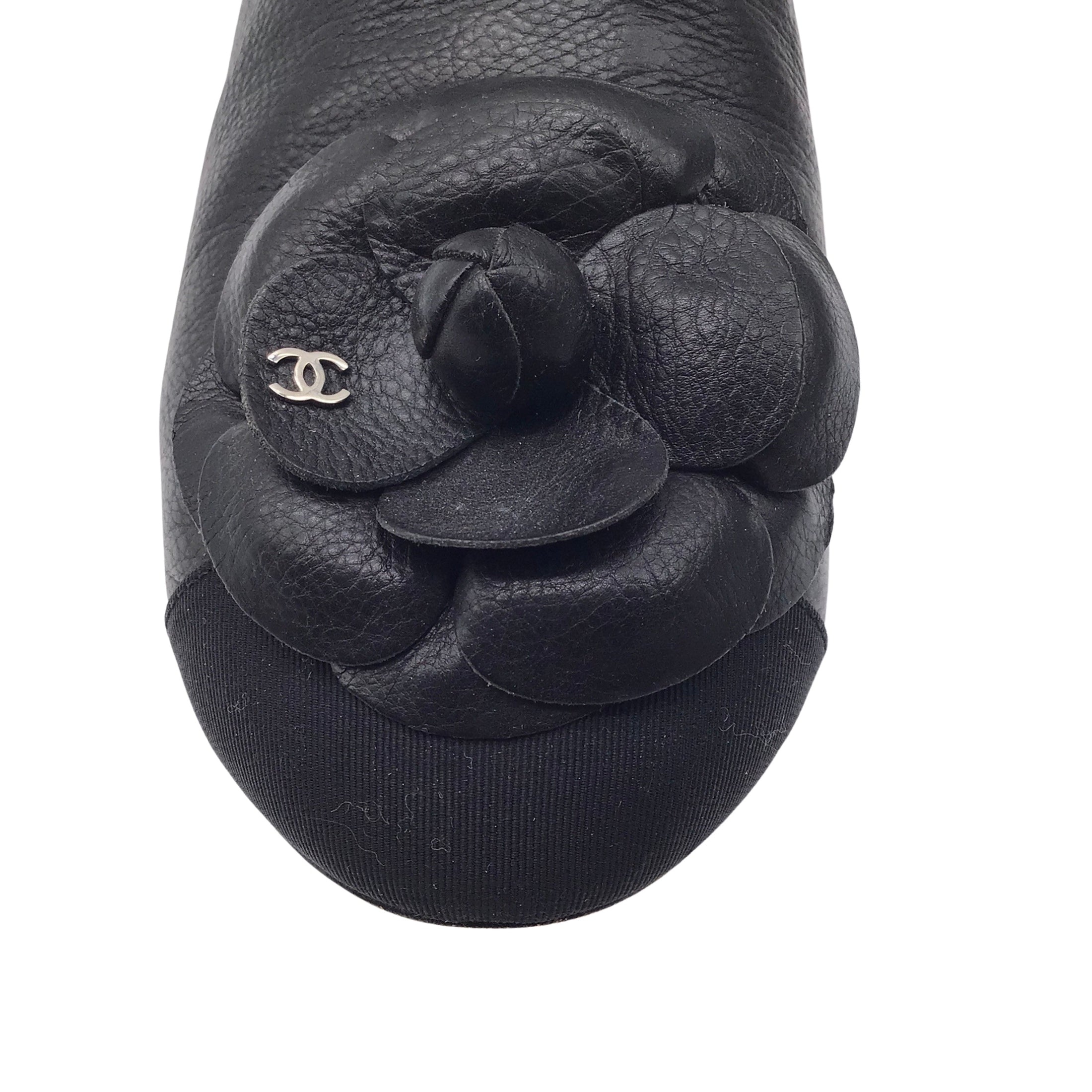 Chanel Black Camellia Leather and Grosgrain Loafers / Flats