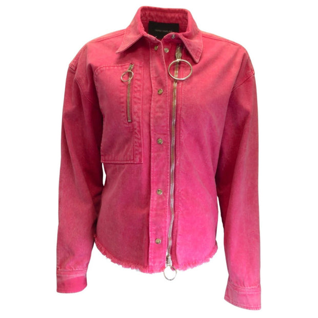 Cedric Charlier Hot Pink Zip Embellished Acid Wash Denim Jacket In Fuchsia