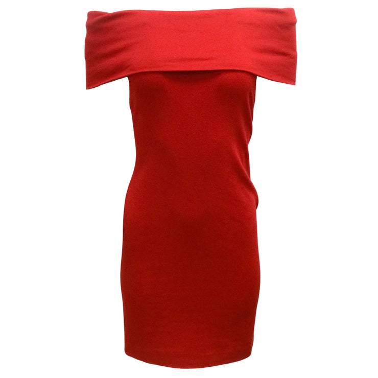 Rosetta Getty Red Stretchy Knit Off-the-shoulder Fitted Night Out Dress