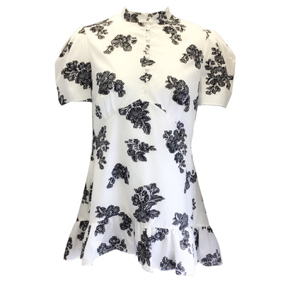 ERDEM White / Black 'Editha' Floral Printed Short Sleeved Cotton Top