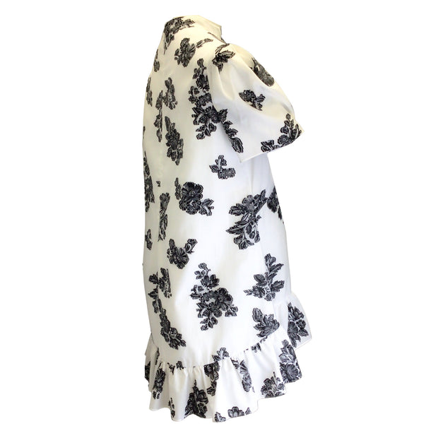 ERDEM White / Black 'Editha' Floral Printed Short Sleeved Cotton Top
