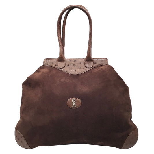 Roberta di Camerino Brown Suede and Ostrich Skin Leather Double Top Handle Satchel Handbag
