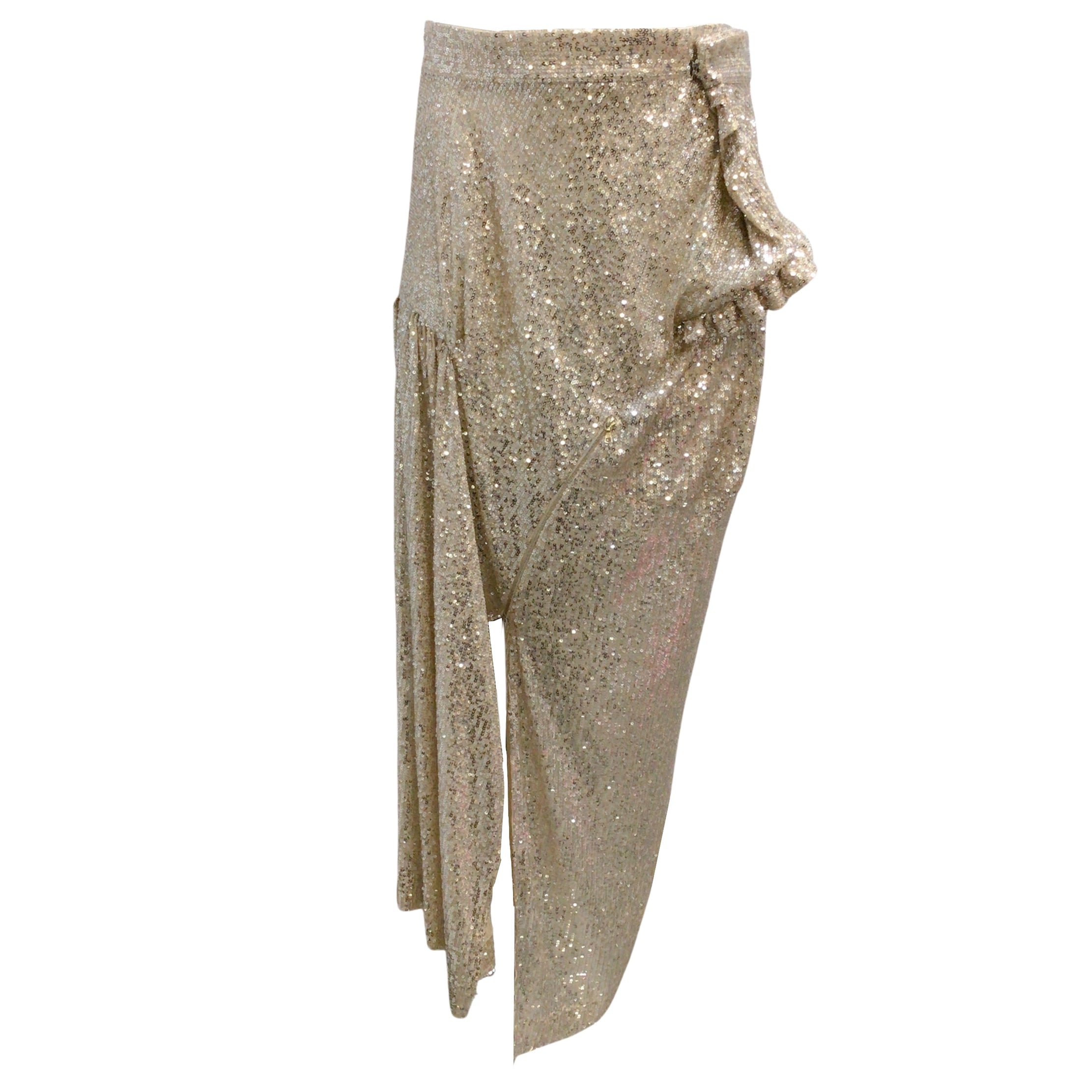 Meryll Rogge Silver Sequined Asymmetrical Hem Draped Tulle Midi Skirt