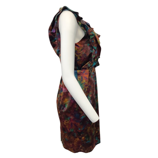 ERDEM Brown / Teal Multi Sleeveless Silk Floral Ruffle Cocktail Dress