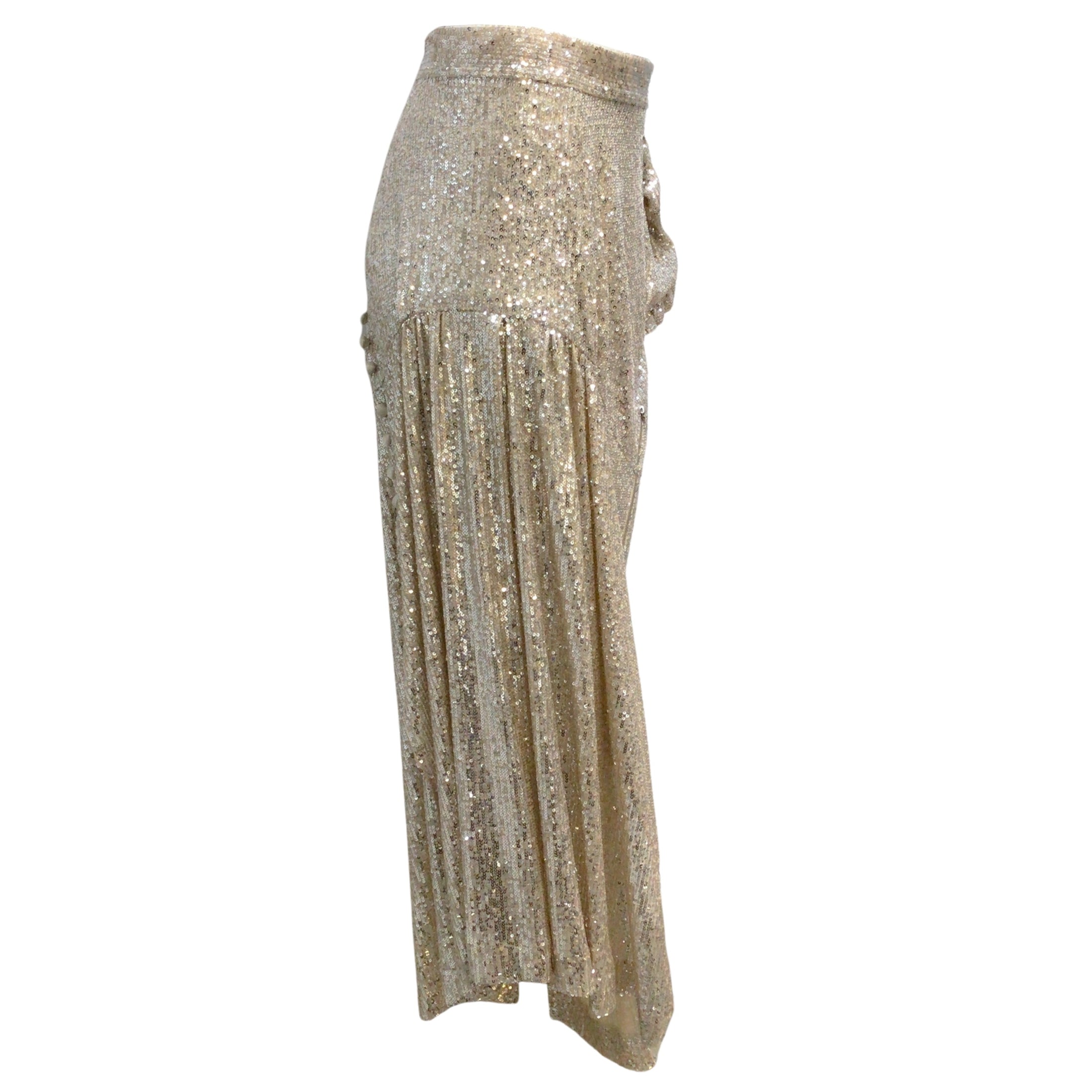 Meryll Rogge Silver Sequined Asymmetrical Hem Draped Tulle Midi Skirt