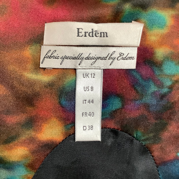 ERDEM Brown / Teal Multi Sleeveless Silk Floral Ruffle Cocktail Dress