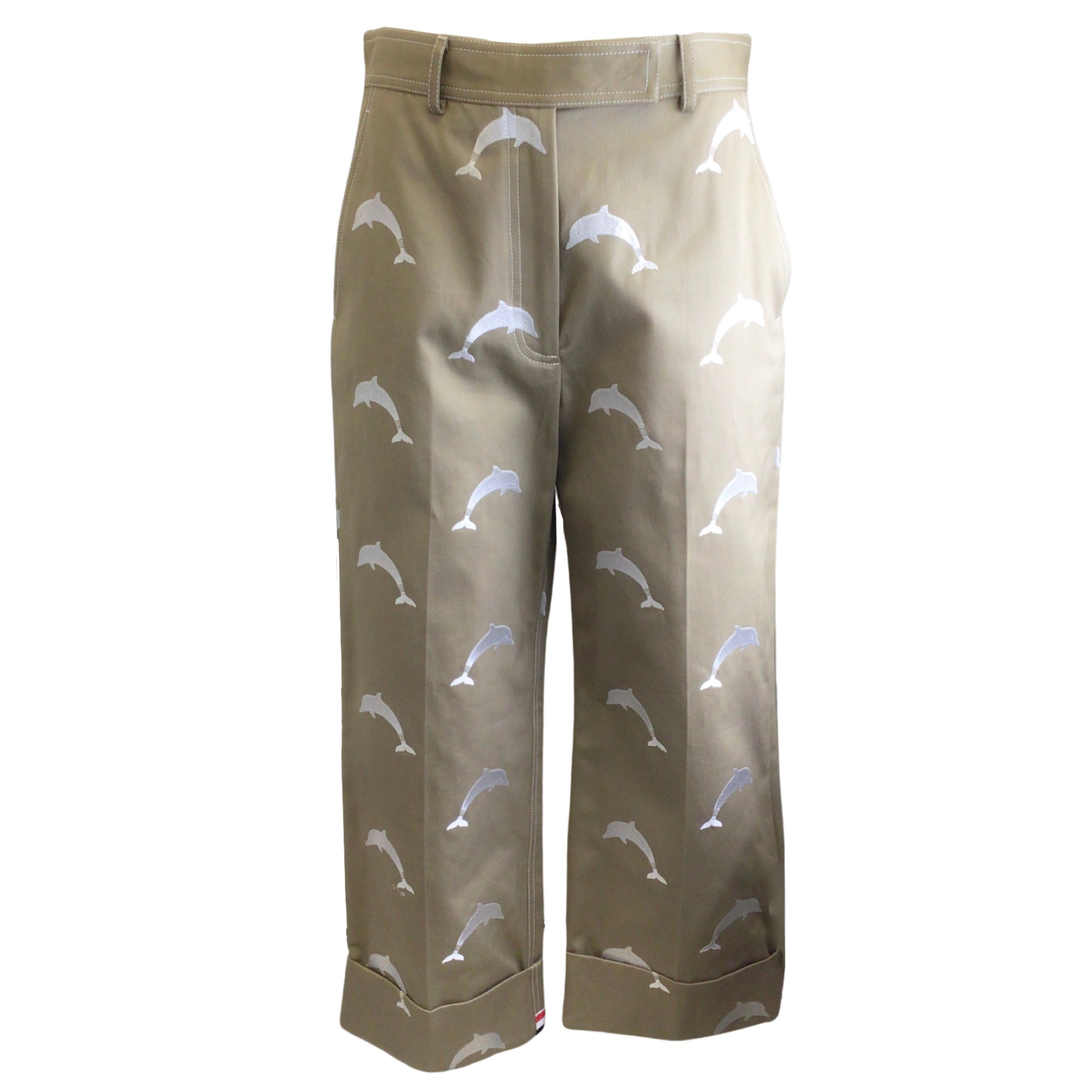 Thom Browne Tan / White Dolphin Embroidered Cropped Wool Pants / Trousers