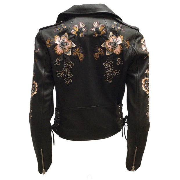 A.L.C. Black Leather Benson Floral Embroidered Moto Zip Jacket