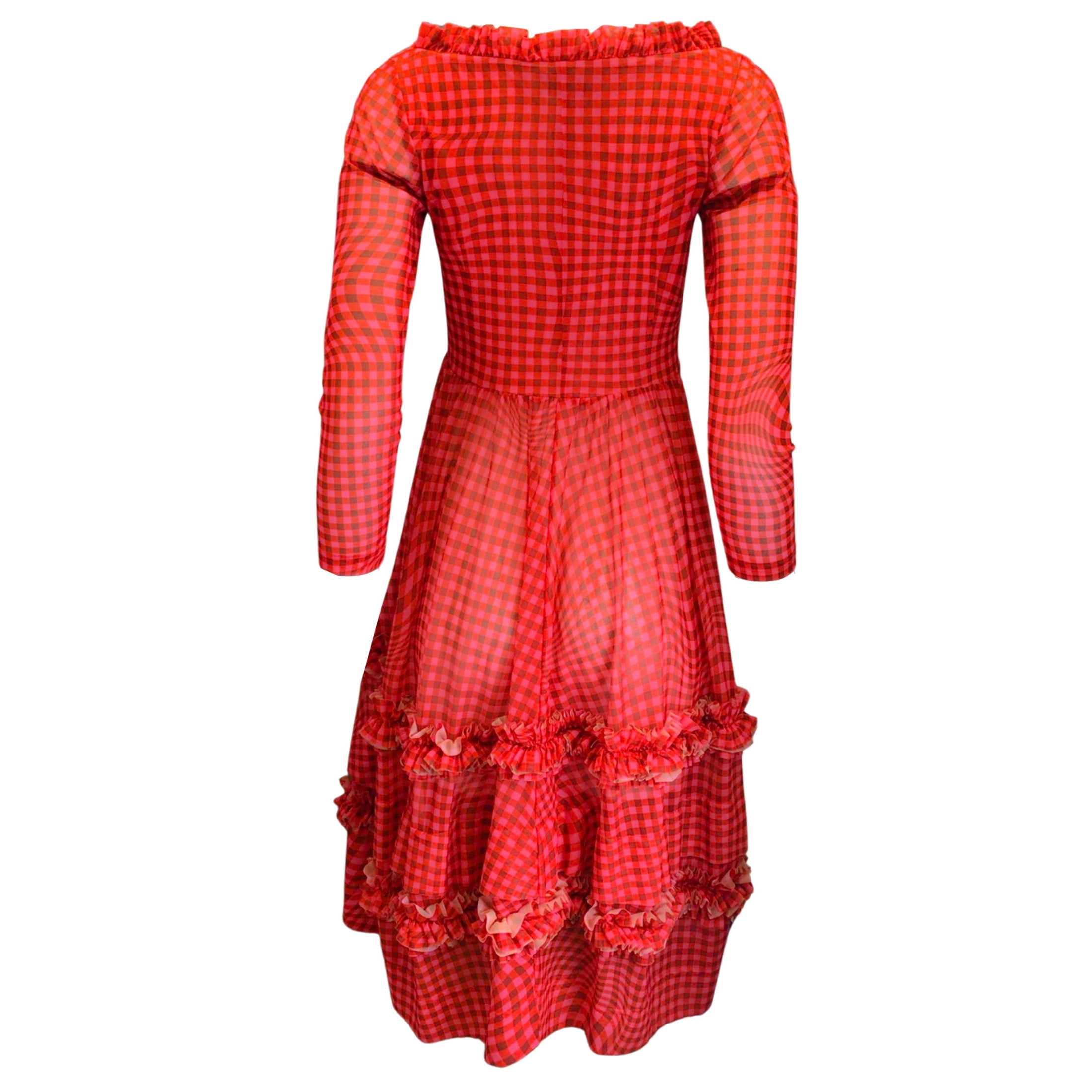 Molly Goddard Red / Pink Long Sleeved Gingham Mesh Midi Dress