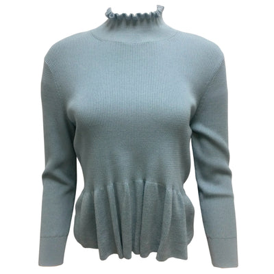 Dries van Noten Peplum Hem Long Sleeved Ribbed Knit Cotton Aqua Sweater