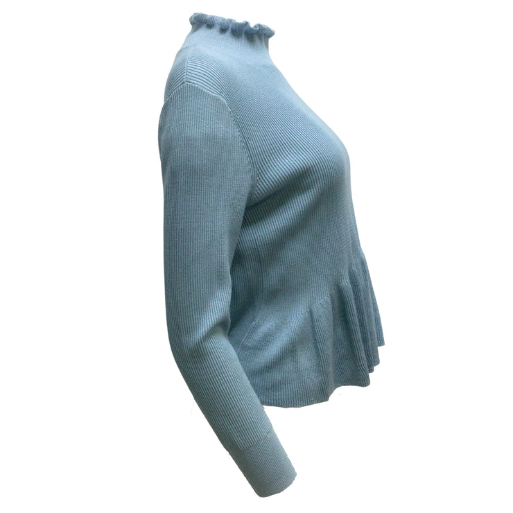 Dries van Noten Peplum Hem Long Sleeved Ribbed Knit Cotton Aqua Sweater