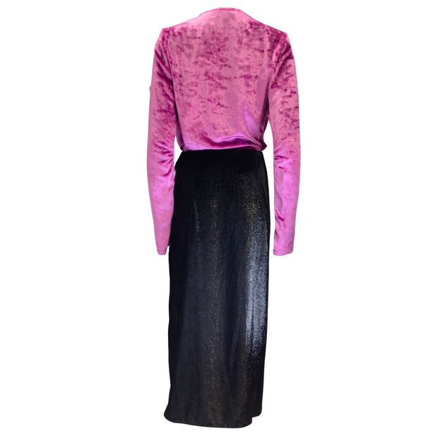 Attico Pink and Black Long Sleeved V-Neck Velvet Wrap Dress