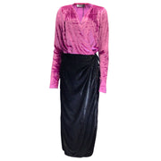 Attico Pink and Black Long Sleeved V-Neck Velvet Wrap Dress