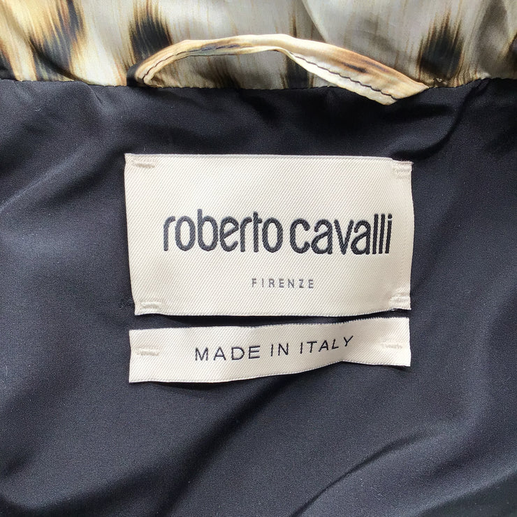 Roberto Cavalli Tan / Black Leopard Printed Full Zip High Neck Puffer Coat