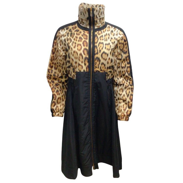 Roberto Cavalli Tan / Black Leopard Printed Full Zip High Neck Puffer Coat