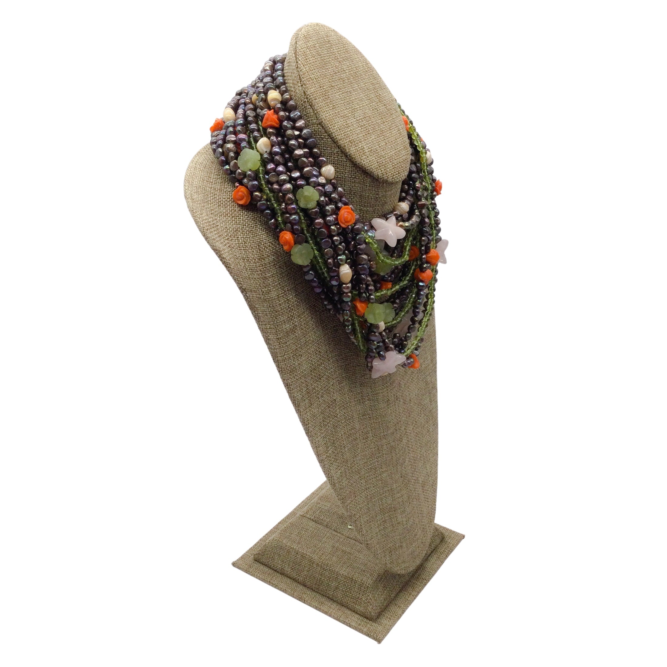 Green / Orange Multi Strand Floral and Star Beaded Necklace