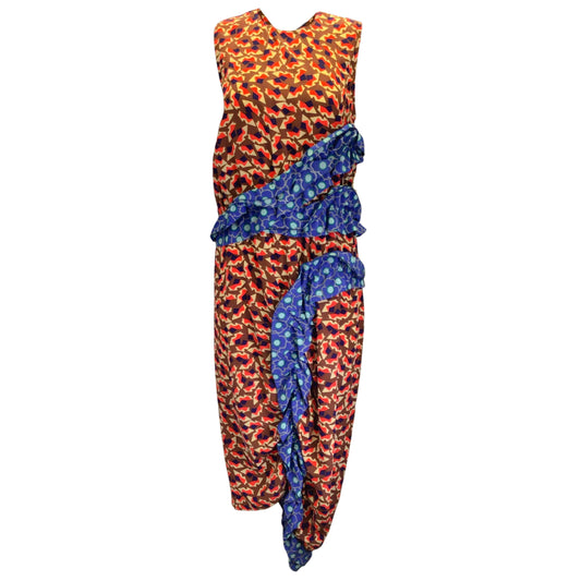 Marni Red / Blue Multi Metropolis Print Sleeveless Silk Crepe Midi Dress