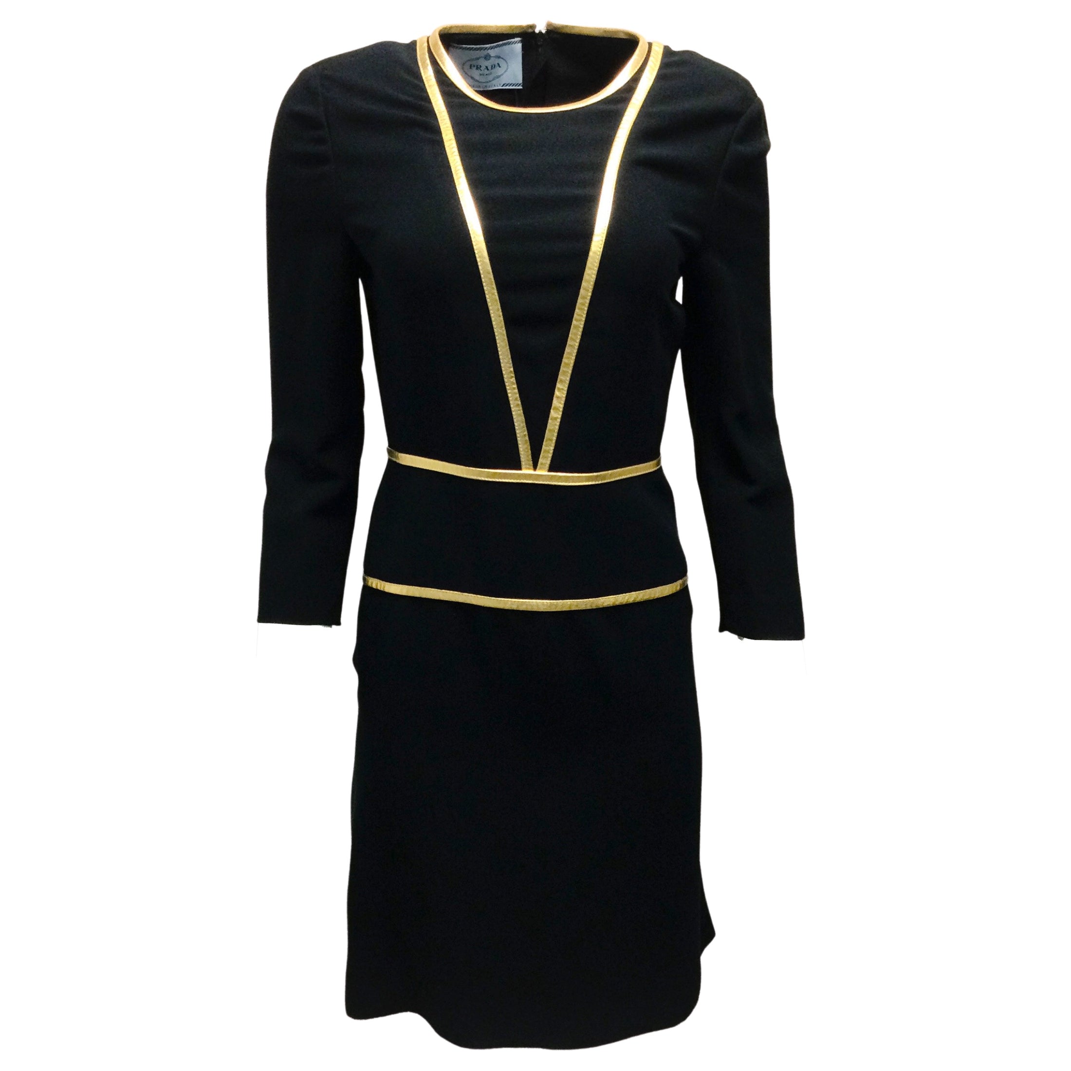 Prada Black Viscose Dress With Gold Leather Trim