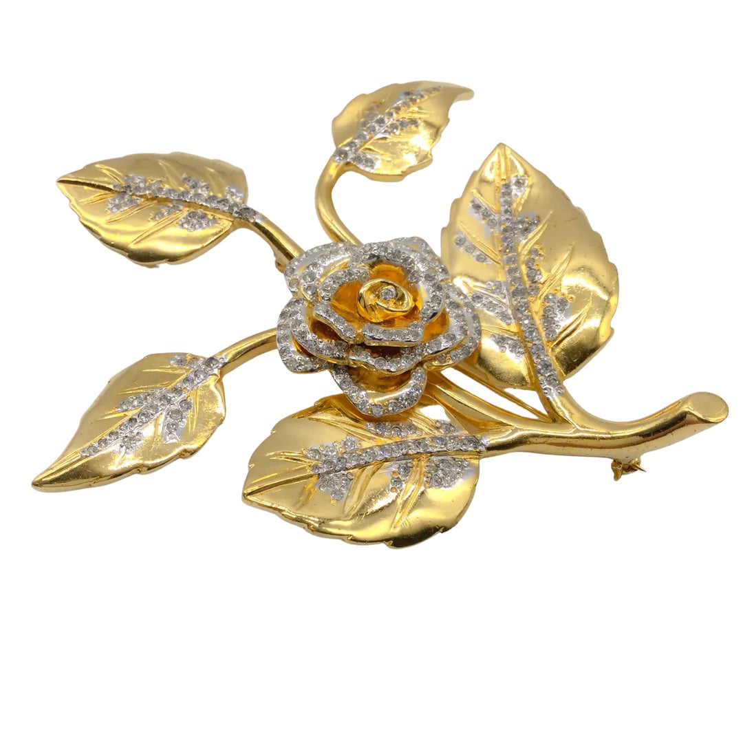 Valentino Gold Crystal Embellished Gilded Rose Brooch
