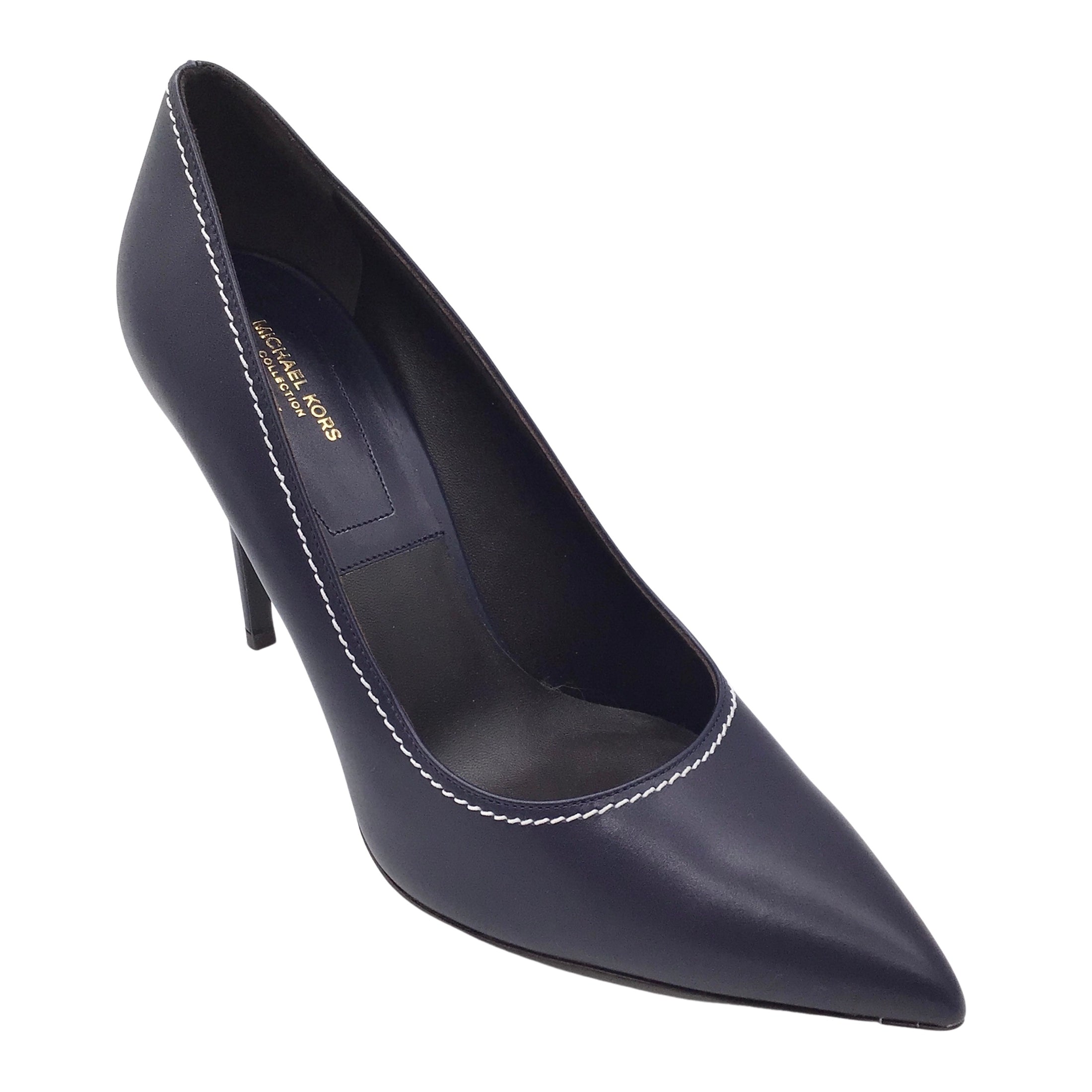 Michael Kors Collection Navy Blue / White Contrast Stitching Pointed Toe Leather Pumps