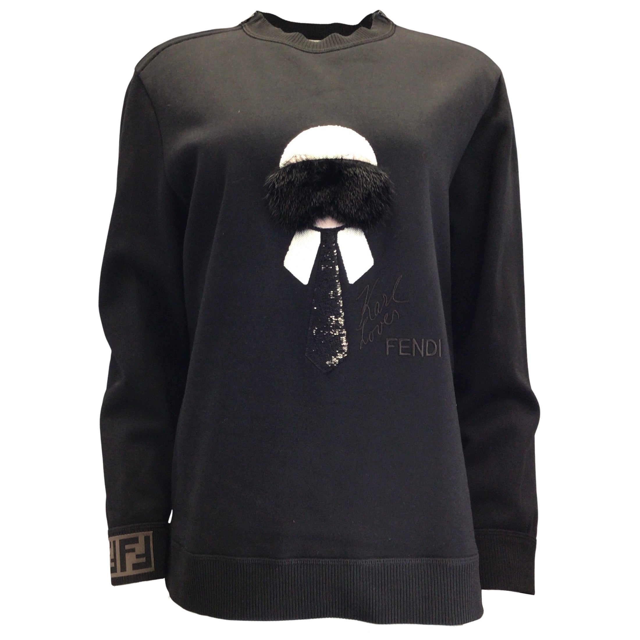 Fendi x Karl Lagerfeld 'Karl Monster' Black Mink Fur Embellished Long Sleeved Cotton Sweatshirt / Sweater