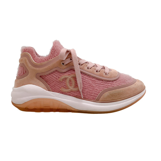 Chanel Pink Suede Calfskin Stretch Fabric CC Sneakers