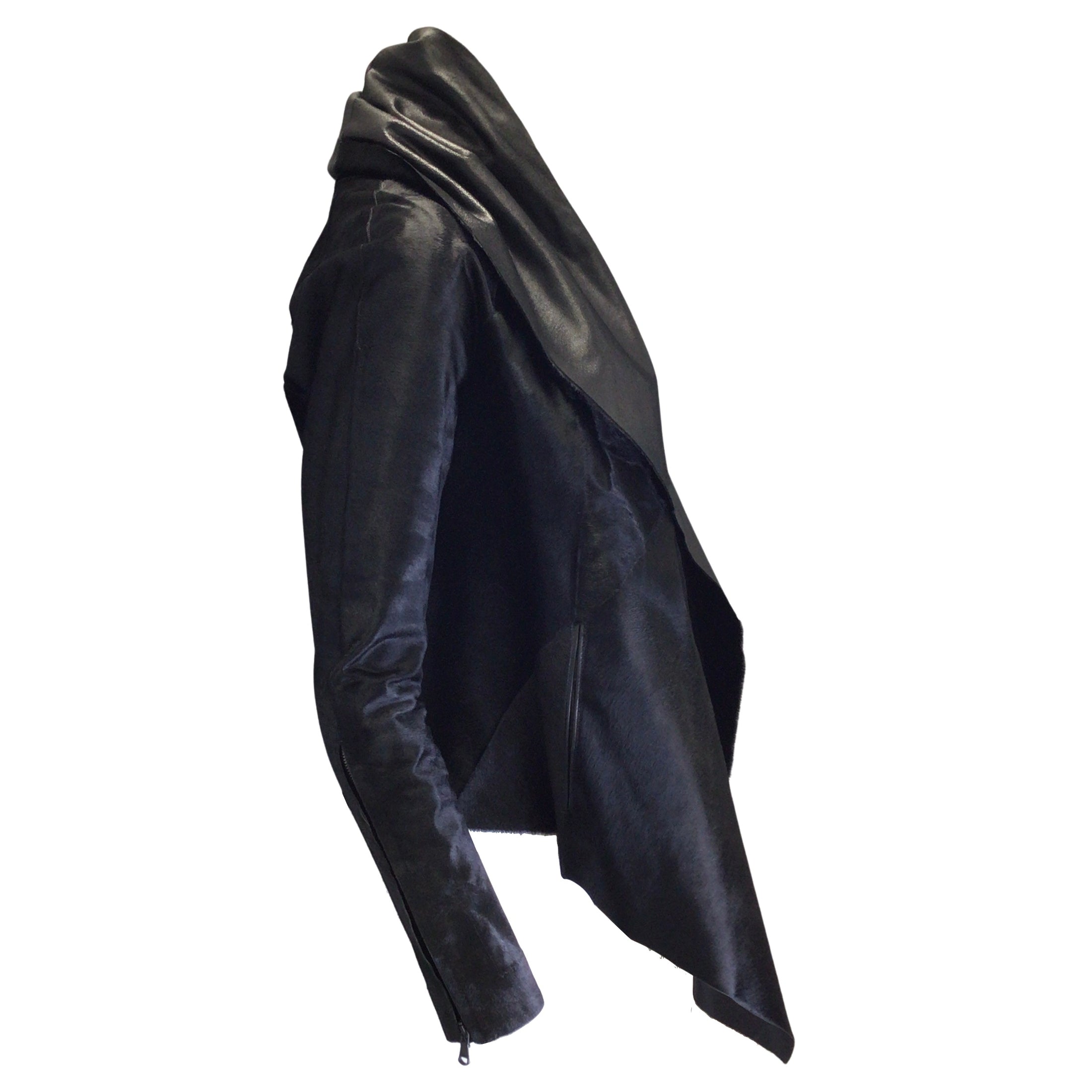 KaufmanFranco Black Open Front Calf Hair Jacket in Onyx