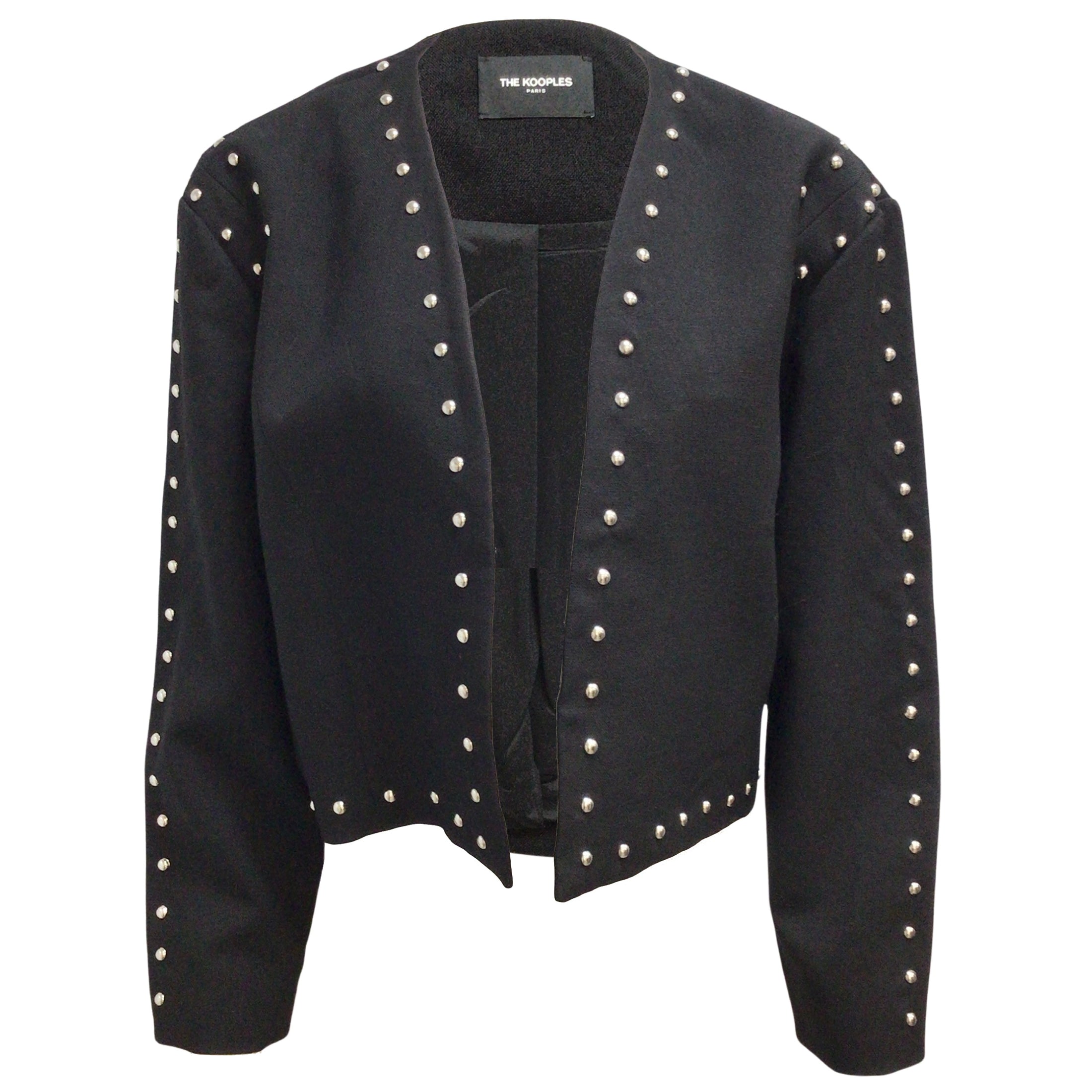 The Kooples Black / Silver Stud-embellished Cropped Wool Jacket