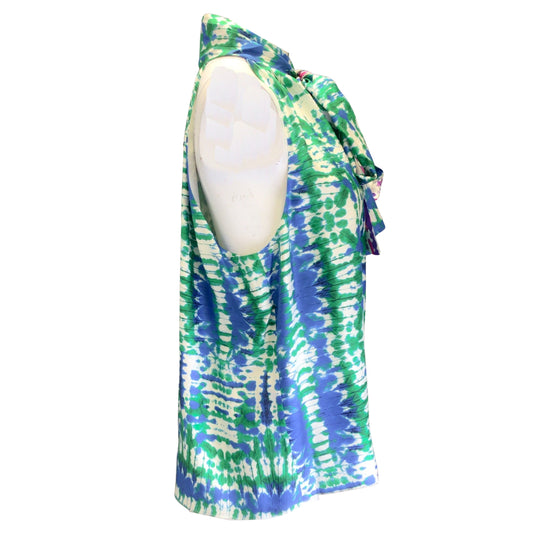 Prabal Gurung Blue / Green Multi Printed Tie-Neck Sleeveless Silk Top