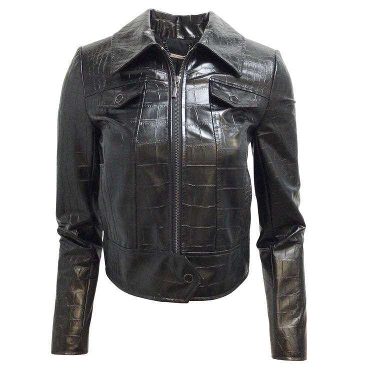Elie Tahari Black Jagger Full Zip Croc Embossed Faux-leather Jacket