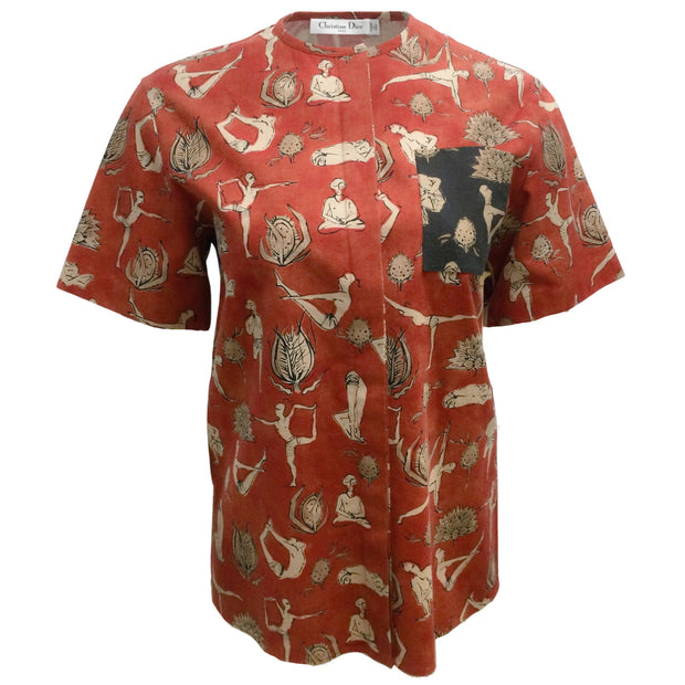 Dior Brick Red Printed Short Sleeved Cotton Button Down Blouse