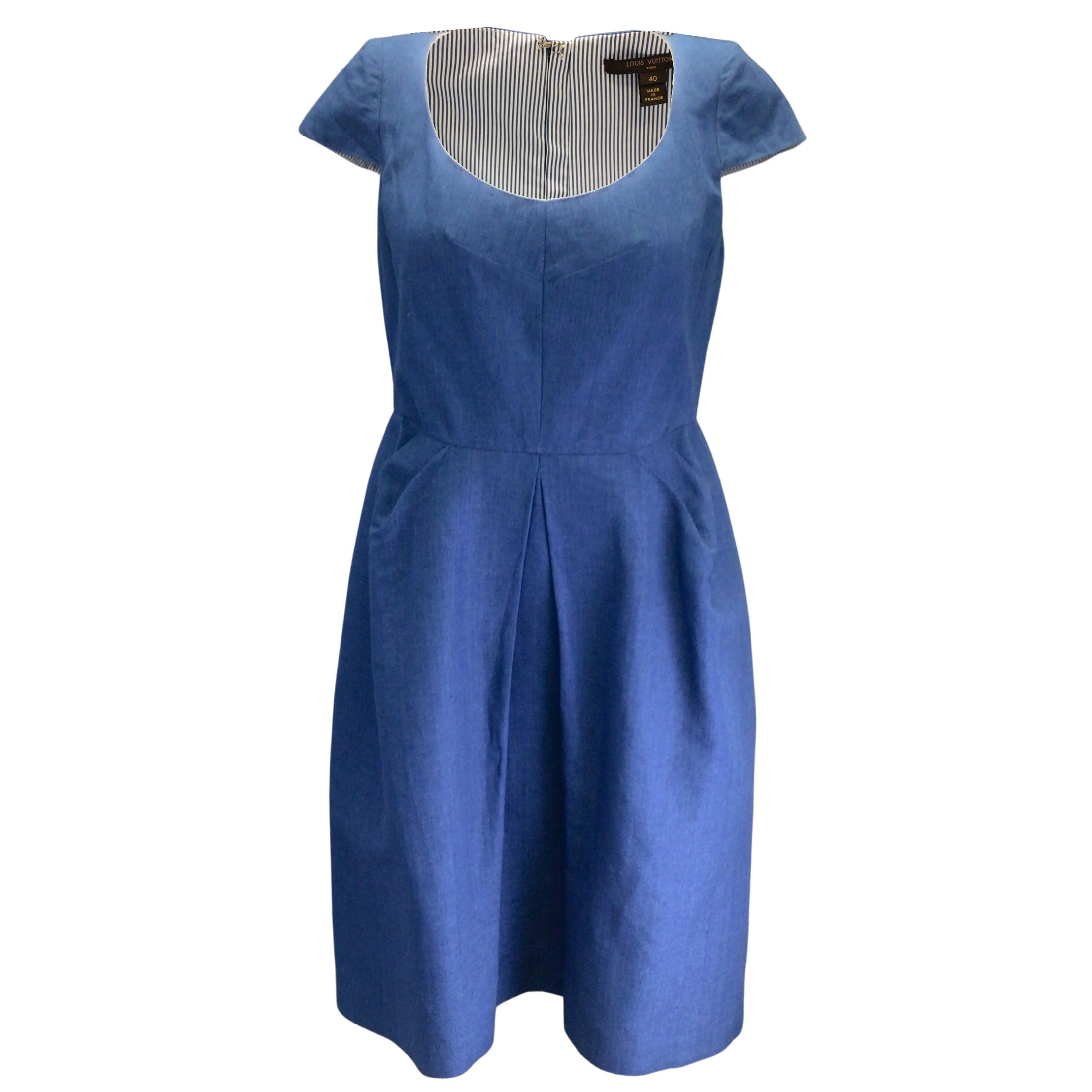Louis Vuitton Blue Cap Sleeved Linen and Cotton Chambray Dress