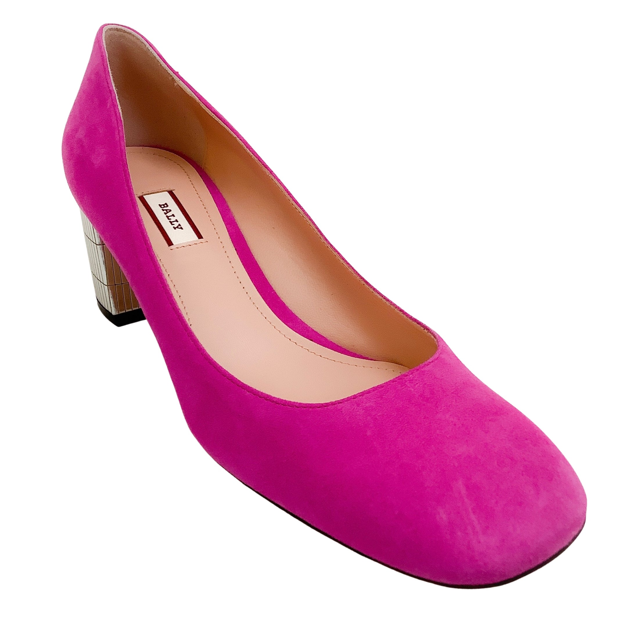 Bally Pink Suede Emily Pumps With Silver Block Heel
