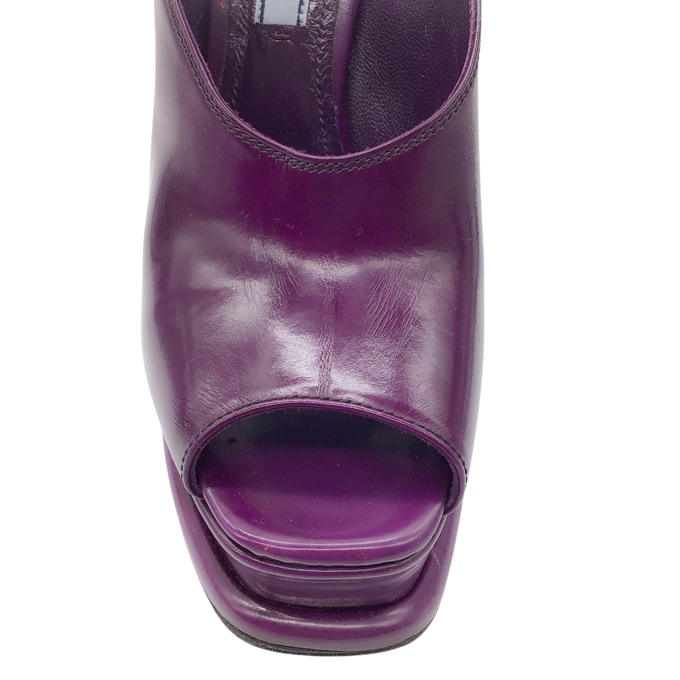 Prada Purple / Black Open Toe Ultra High Heeled Leather Mary Jane Platform Pumps
