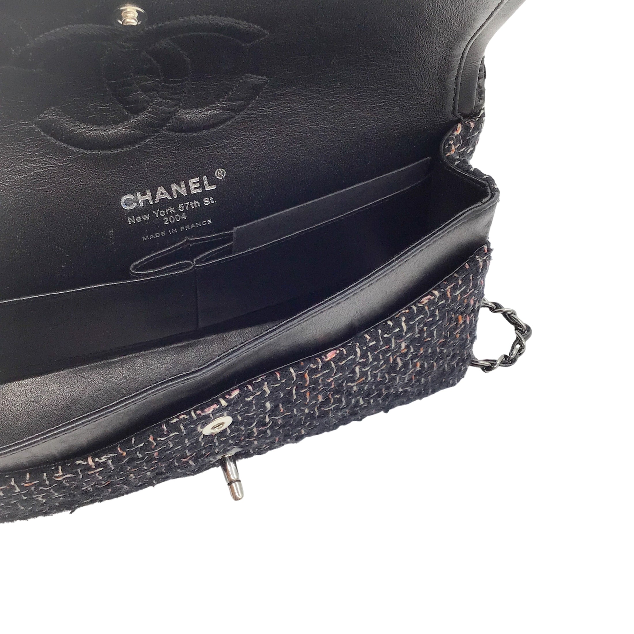 Chanel Black / White / Pink 2004 New York Woven Tweed Double Flap Bag
