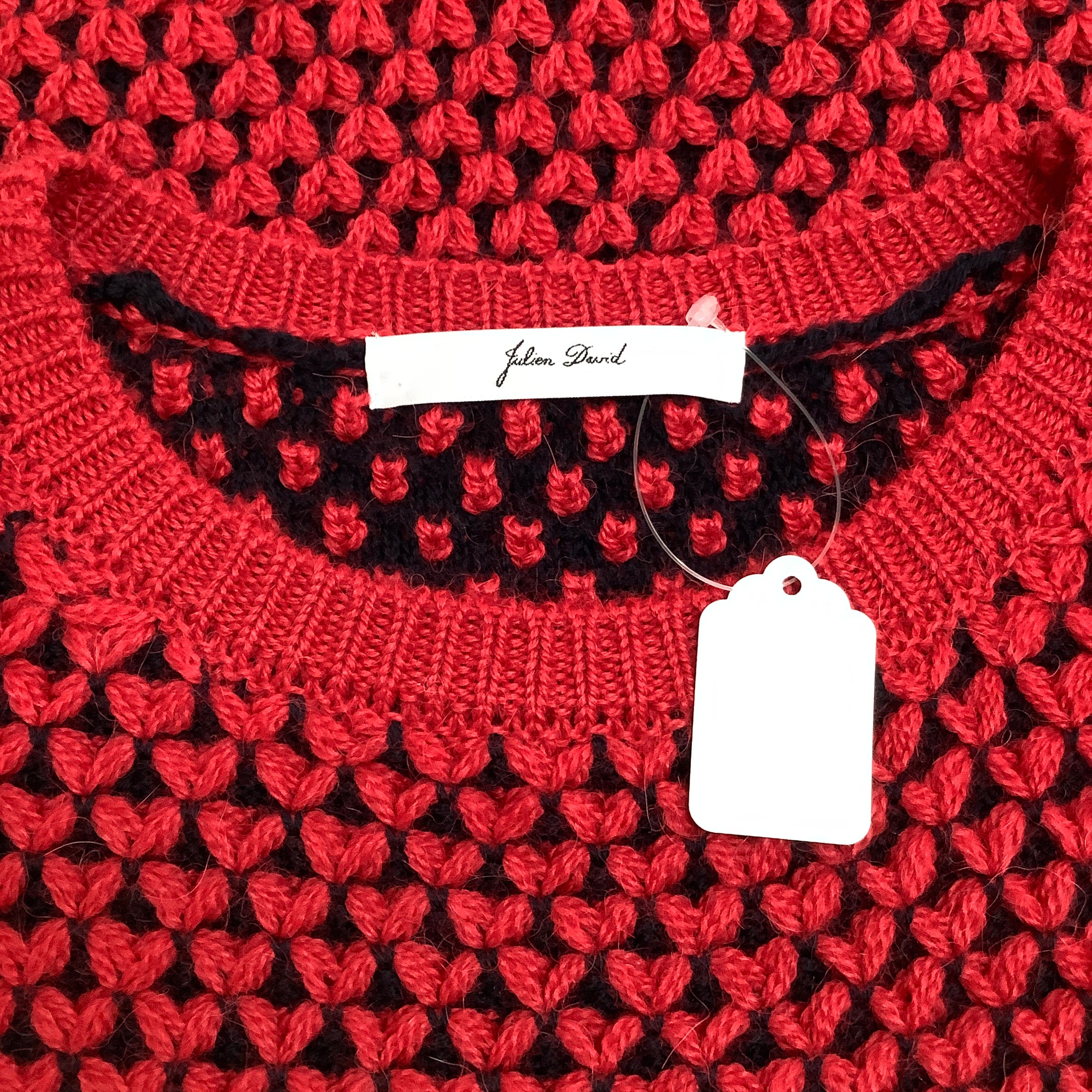 Julien David Navy Blue and Red Short Sleeve Heart Sweater