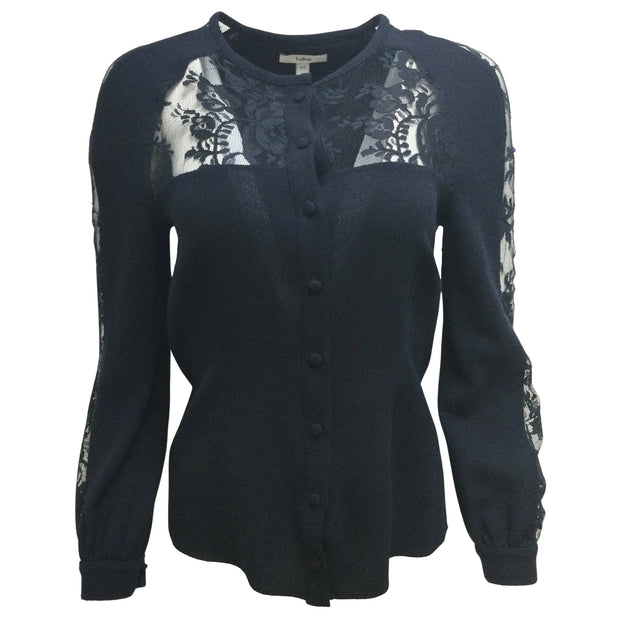 ERDEM Navy Blue Lace Trimmed Long Sleeved Button Down Crepe Blouse