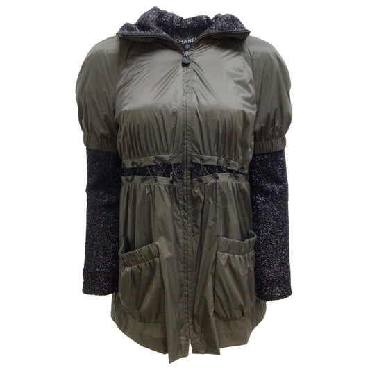 Chanel Olive Green / Black Nylon and Sparkle Metallic Hooded Full Zip Jacket