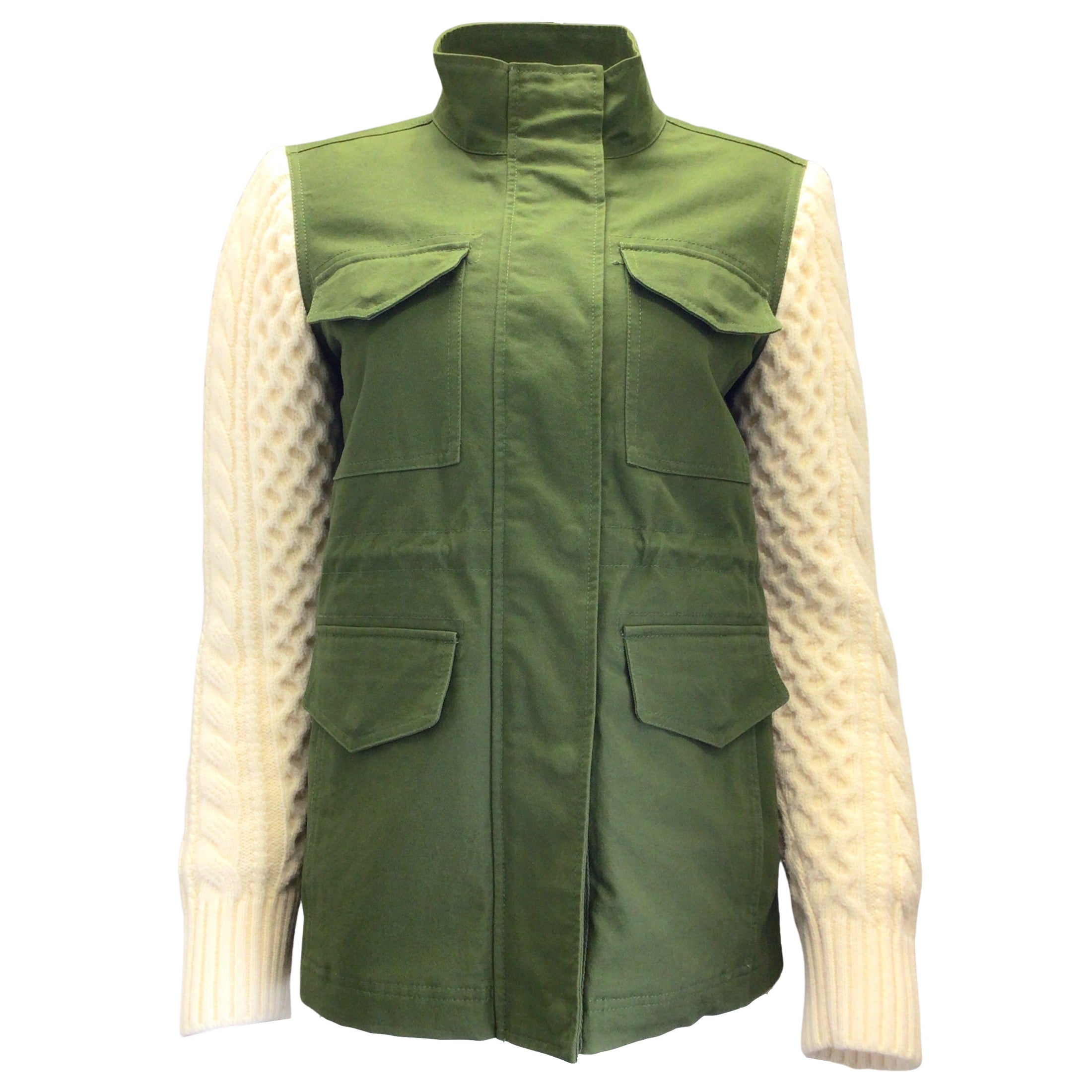 Pologeorgis Green / Ivory Rabbit Fur Lined Knit Sleeved Cotton Jacket