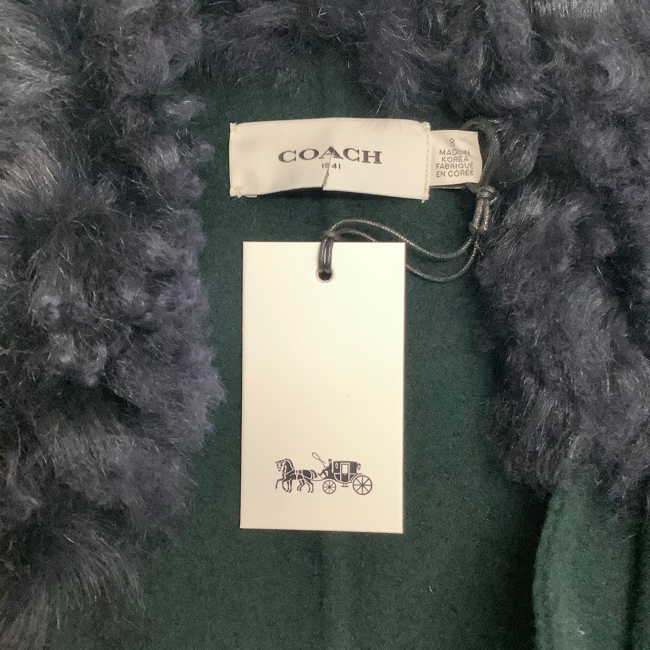 Coach Teal Wool Double Breasted Tie Waist Coat with Removable Navy Shearling Collar