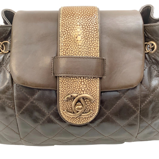 Chanel 2012 Brown Leather Quilted Bindi Shoulder Bag with Stingray Flap