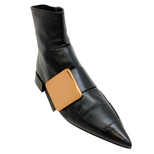 Jil Sander Black Leather Pointy Toe Gold Buckle Booties